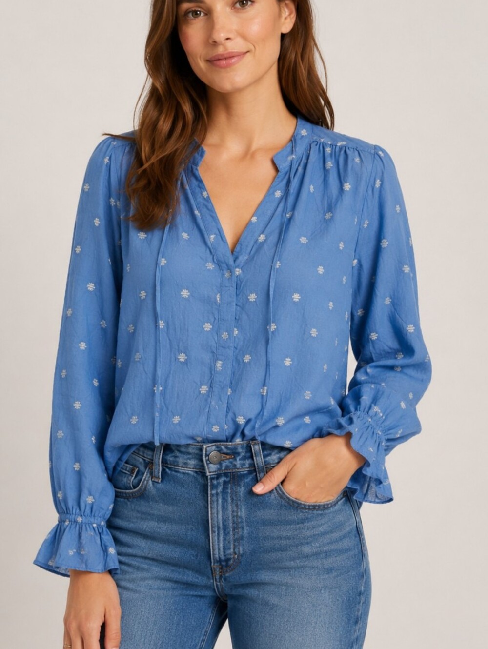 St. Roche Silk Blue V-Neck Long Sleeve Blouse